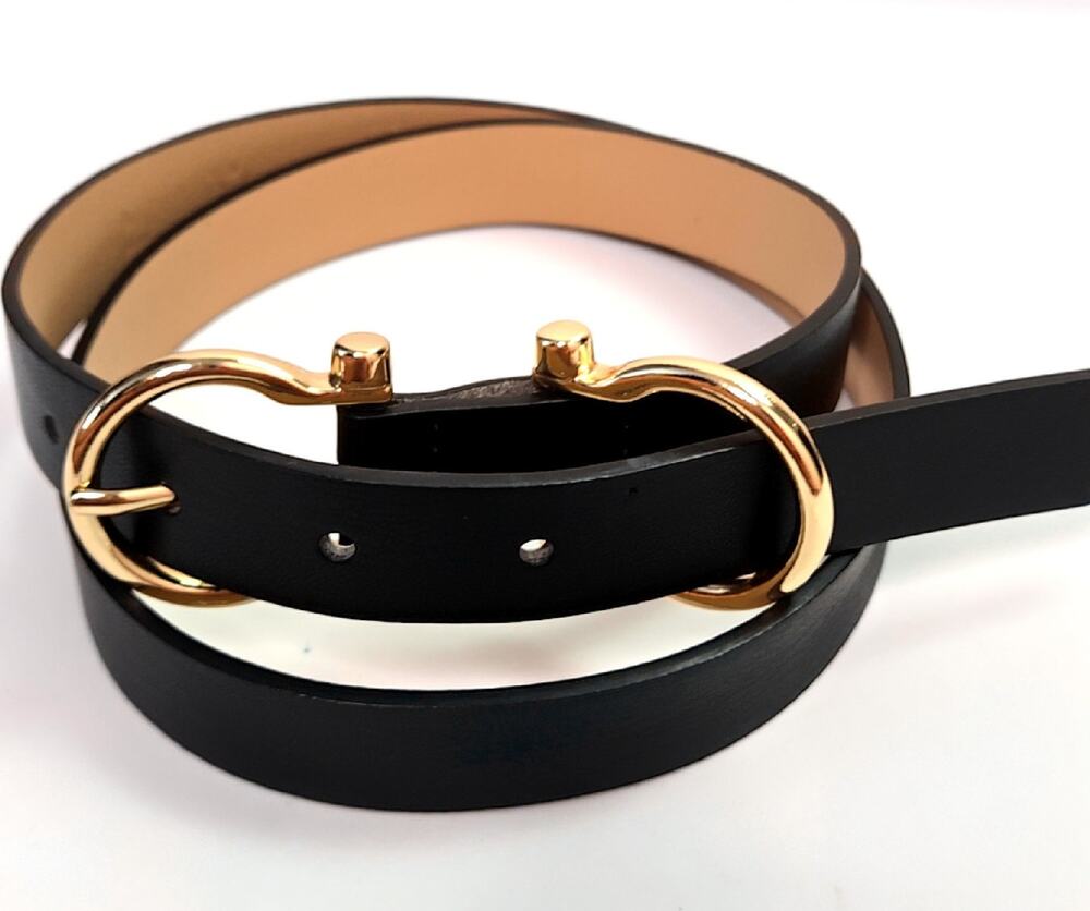 Linea Pelle LP Blue Black Faux Leather Belt Gold Tone Buckle Size Small